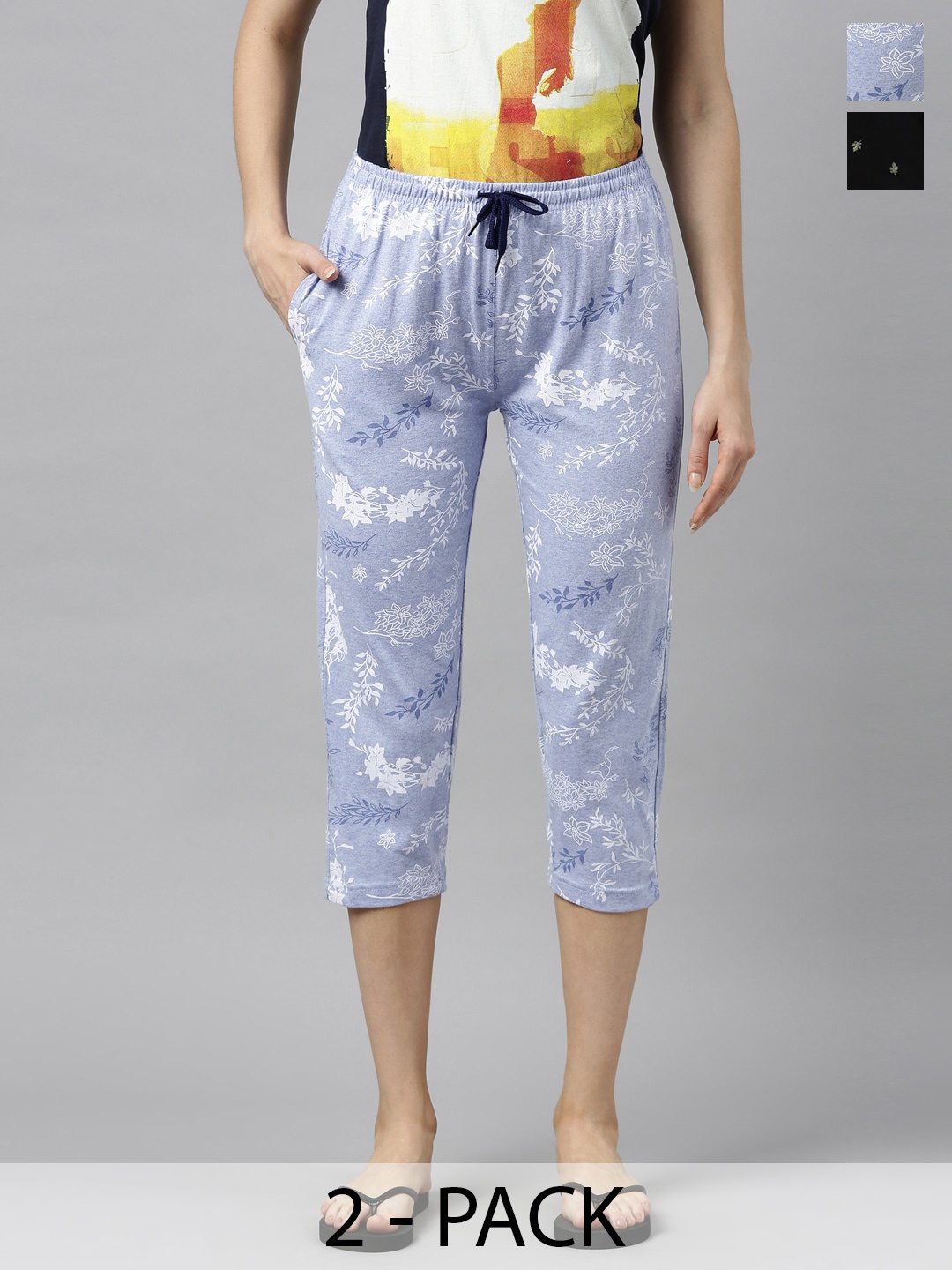 

Kryptic Women Set Of 2 Blue & Black Regular Fit Cotton Printed Capris