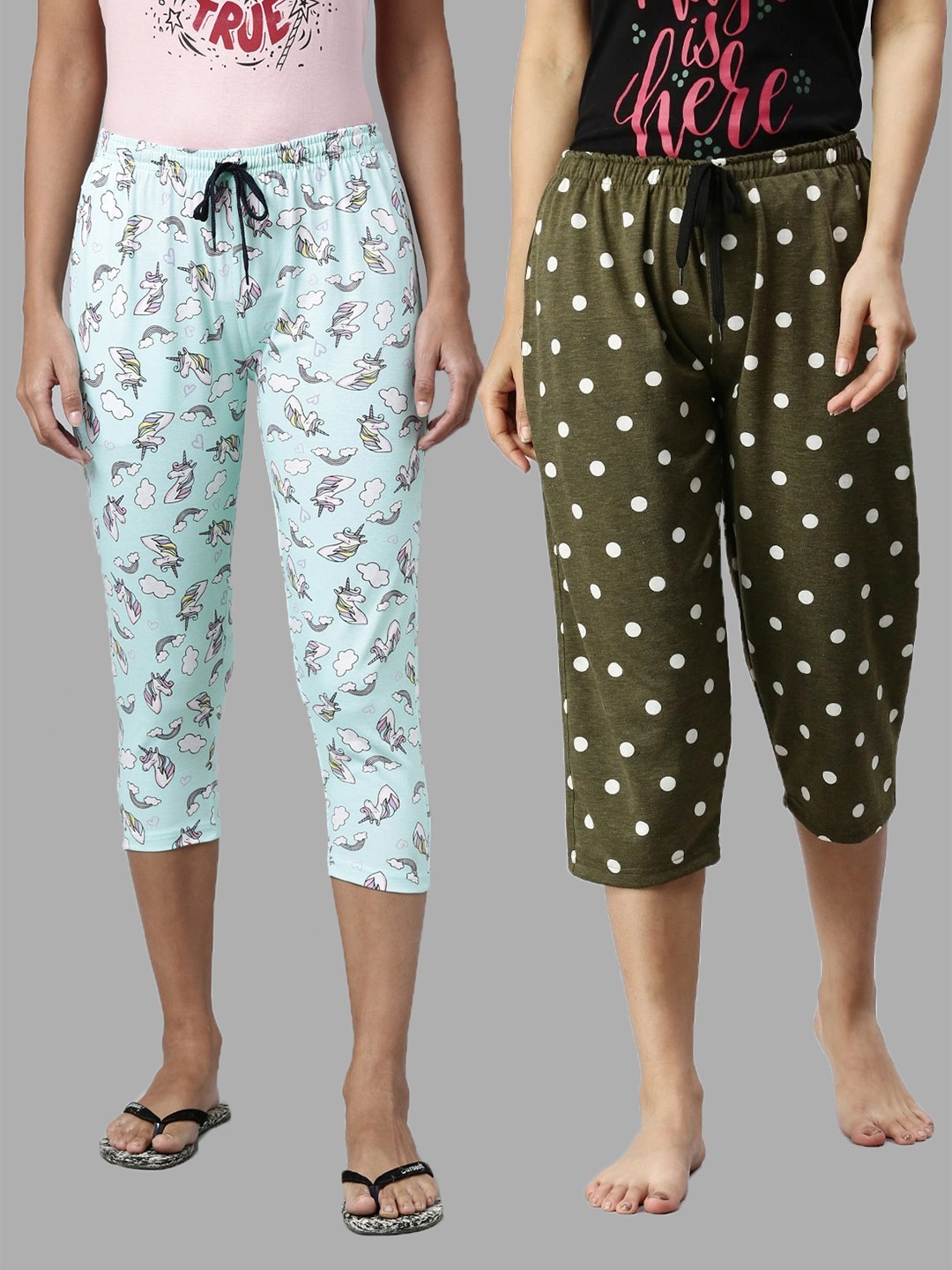 

Kryptic Women Set Of 2 Blue & Olive Green Regular Fit Cotton Printed Capris