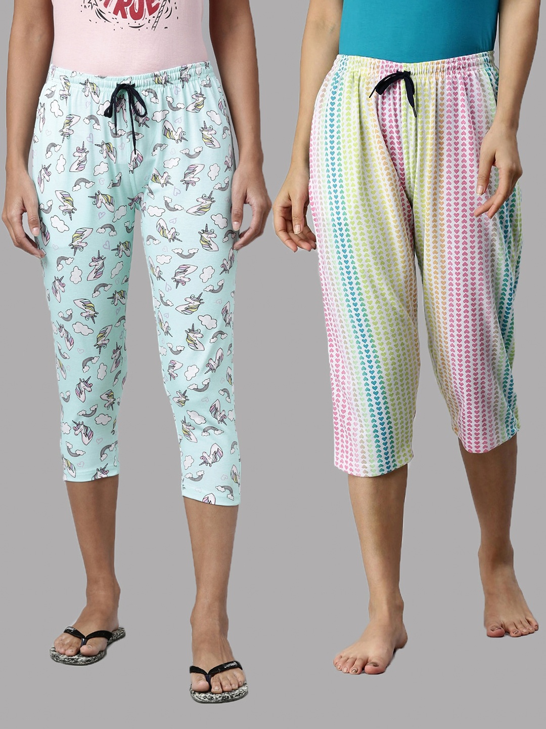 

Kryptic Women Pack Of 2 Blue & Pink Printed Pure Cotton Capris