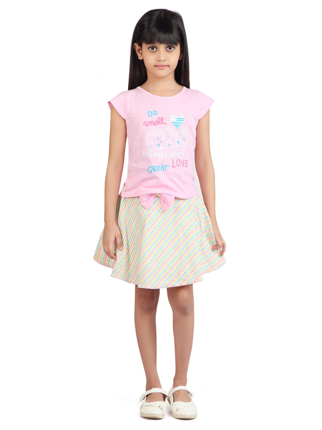 

Tiny Girl Girls Pink & White Printed Pure Cotton T Shirt with Skirt