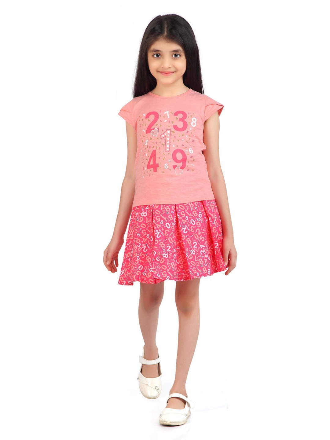 

Tiny Girl Girls Pink Printed Pure Cotton Top with Skirt