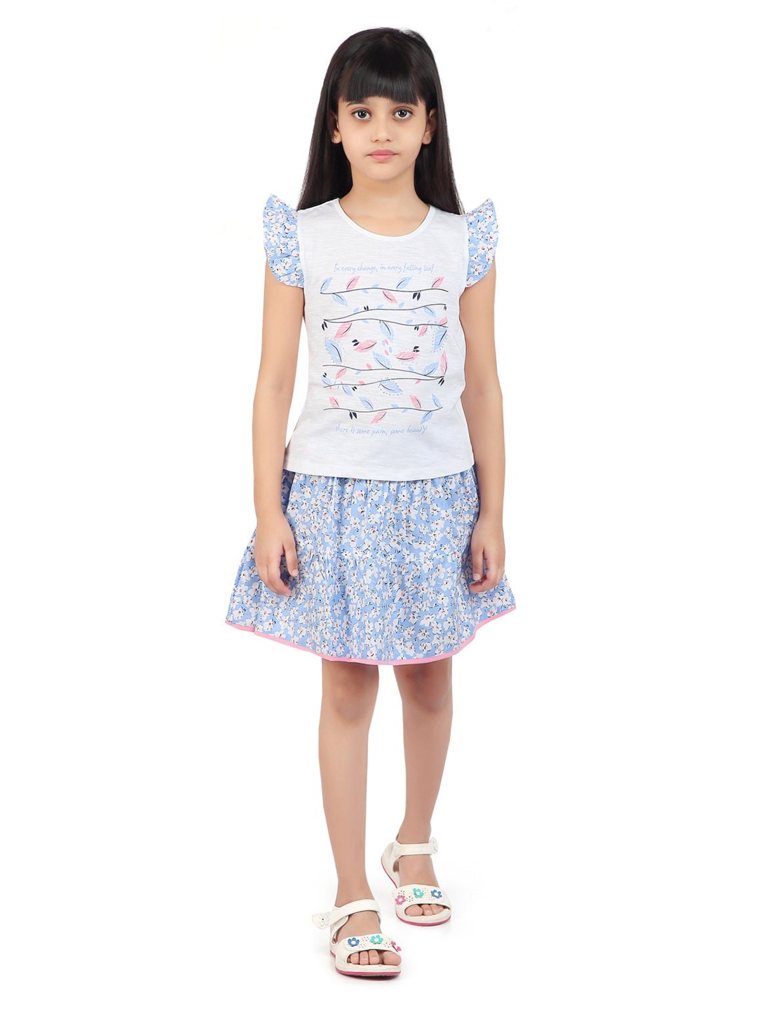 

Tiny Girl Girls Blue & White Printed Pure Cotton Top With Skirt