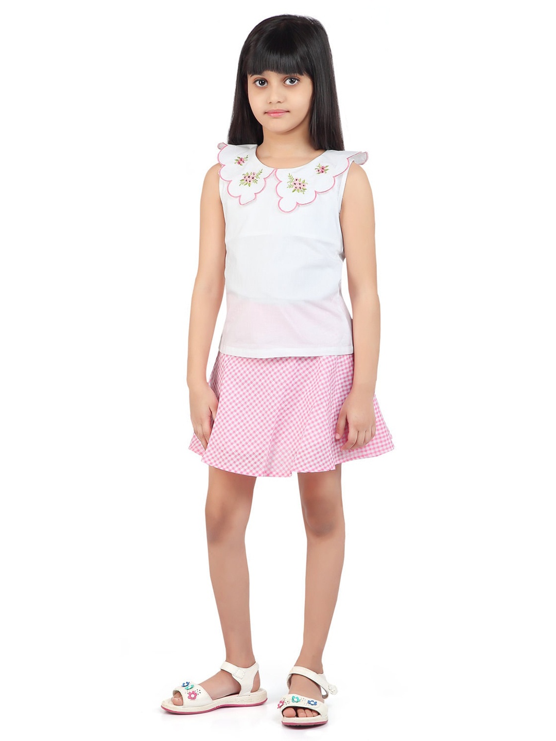 

Tiny Girl Girls Pink & White Pure Cotton Top with Skirt