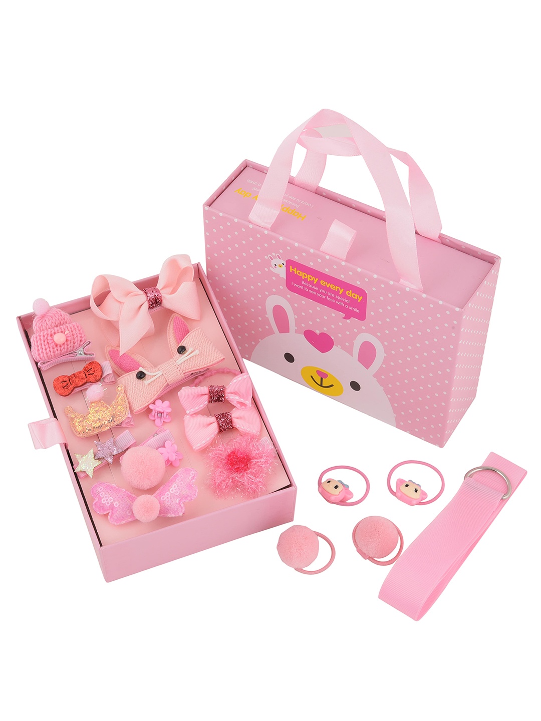 

Yellow Bee Girls Pink & Yellow Set Of 18 Embellished Hair Accessory Set of