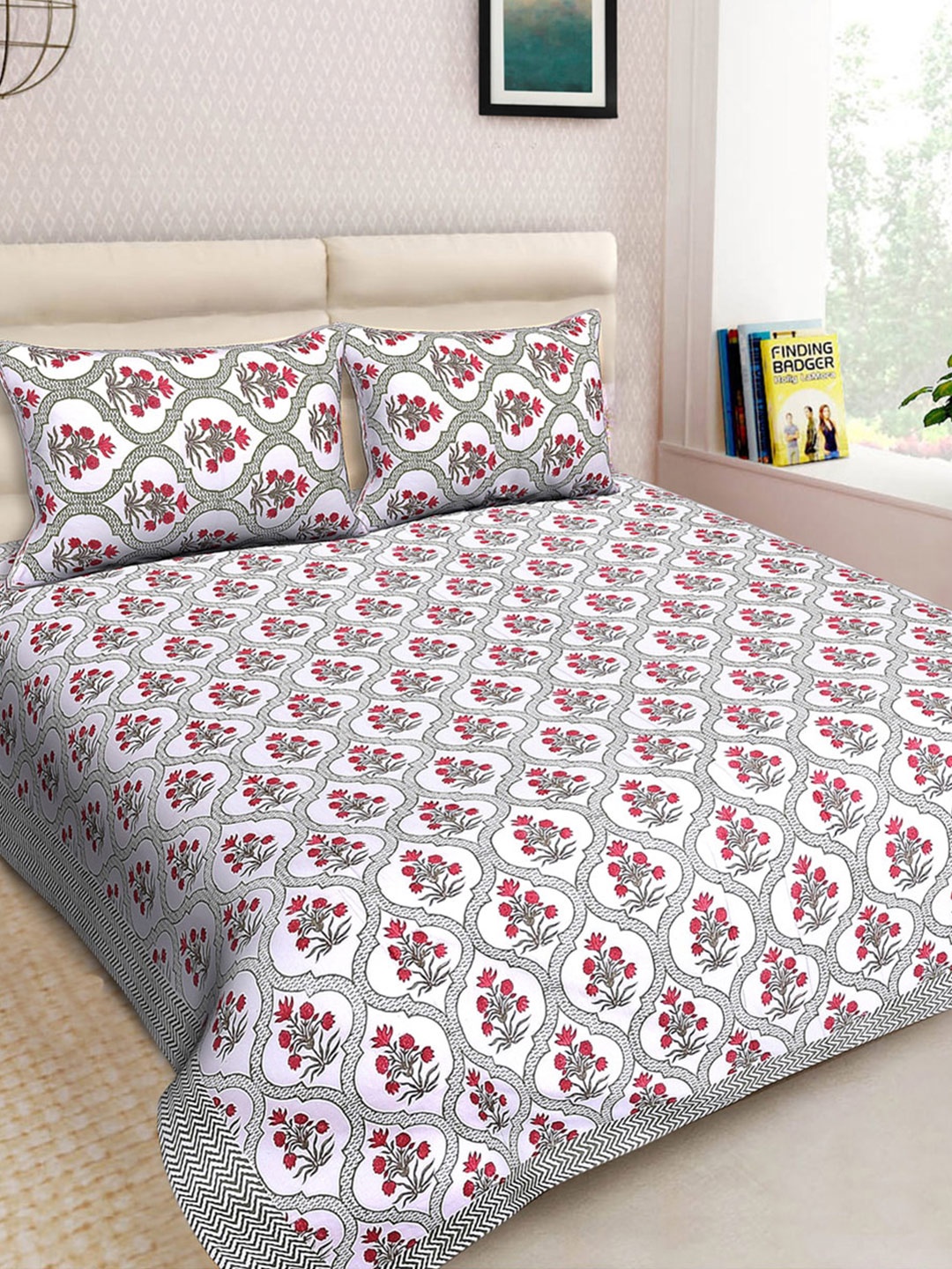 

Moms Home White & Red Motifs 300 TC Organic Cotton King Bedsheet with 2 Pillow Covers