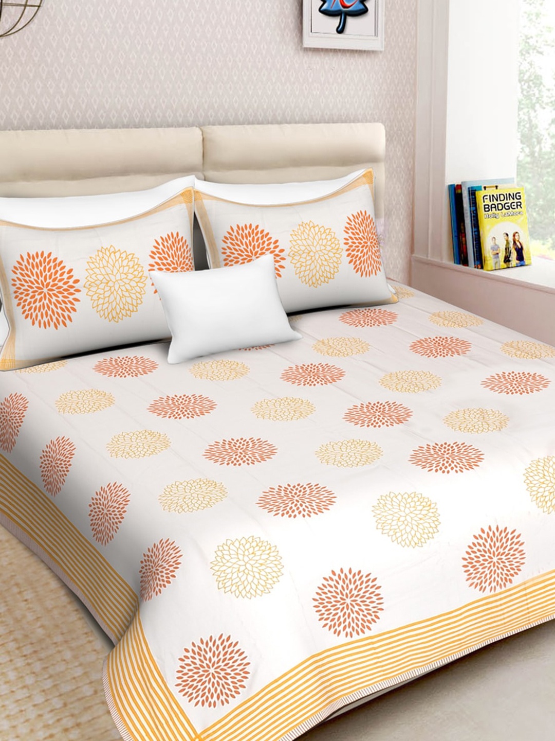 

Moms Home Yellow & Cream-Coloured Floral 300 TC King Bedsheet with 2 Pillow Covers