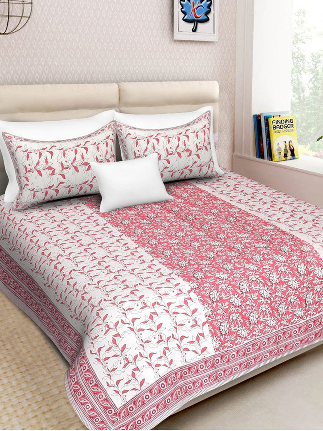 

Moms Home Pink Printed 300 TC Cotton King Bedsheet with 2 Pillow Covers