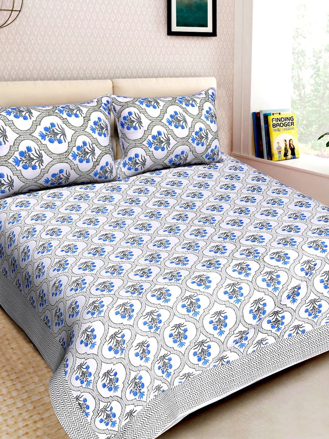 

Moms Home Blue & White Floral 300 TC King Bedsheet with 2 Pillow Covers