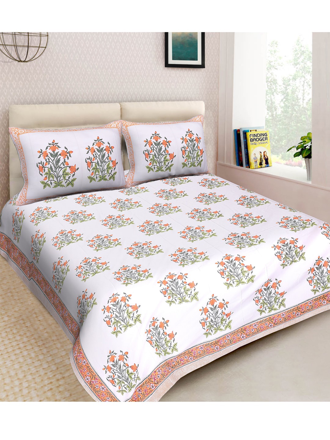 

Moms Home Yellow & Green Floral 300 TC King Cotton Bedsheet with 2 Pillow Covers