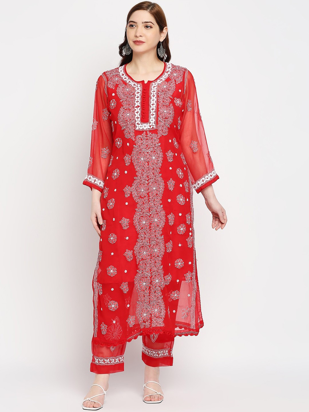 

Indiankala4u Women Red & White Floral Kurta with Trousers
