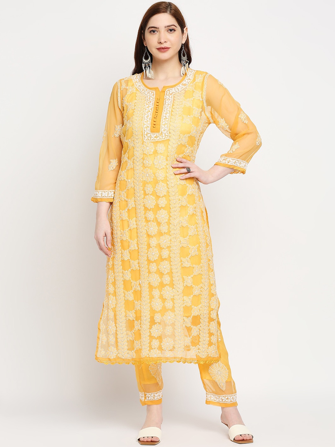 

Indiankala4u Women Orange Ethnic Motifs Embroidered Chikankari Kurta with Trousers