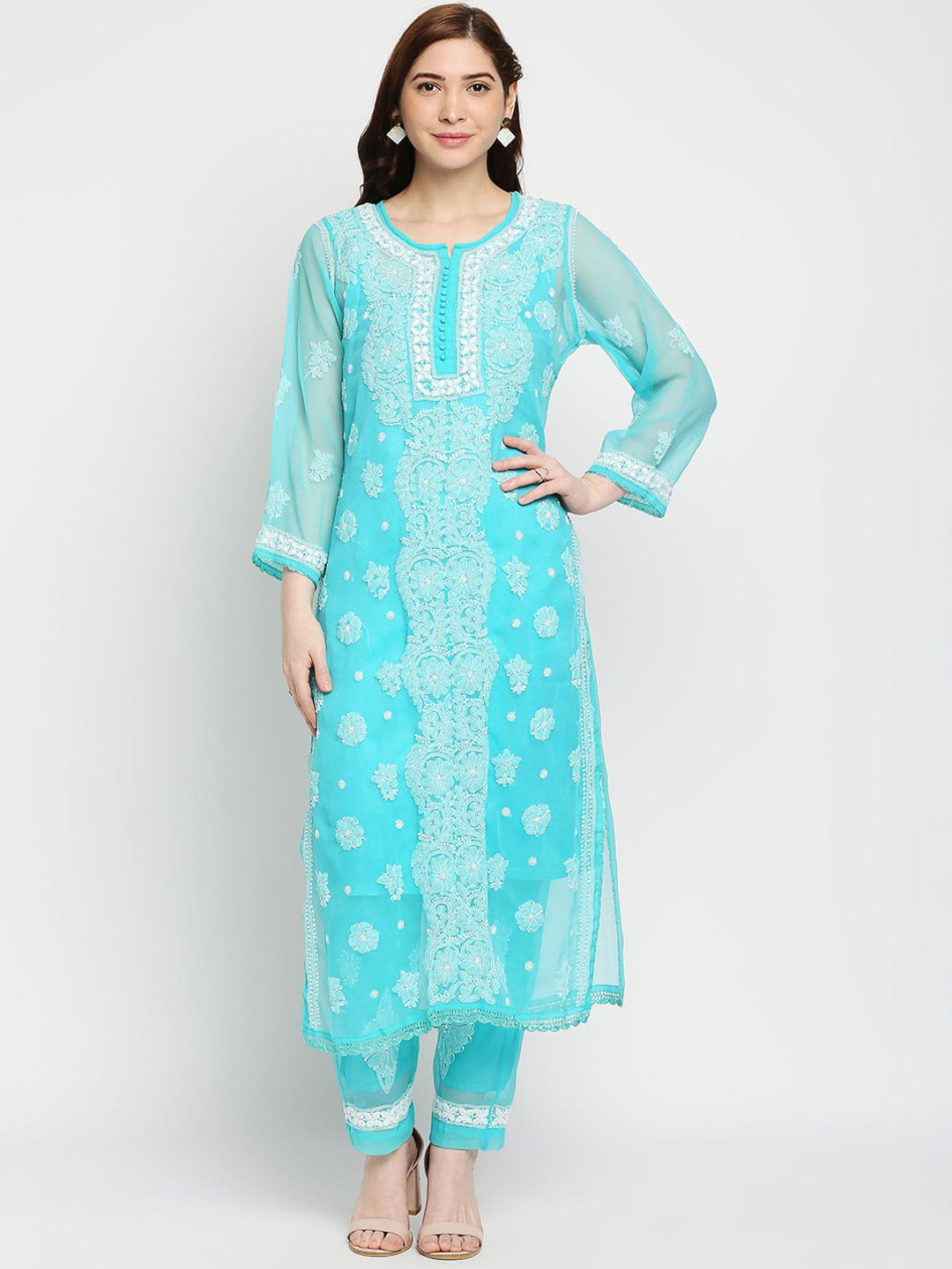 

Indiankala4u Women Turquoise Blue Floral Embroidered Chikankari Kurta with Trousers