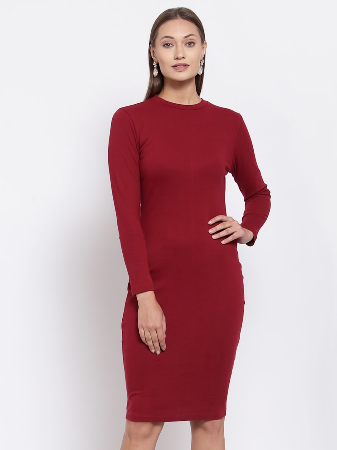 

YOONOY Maroon Organic Cotton Bodycon Dress