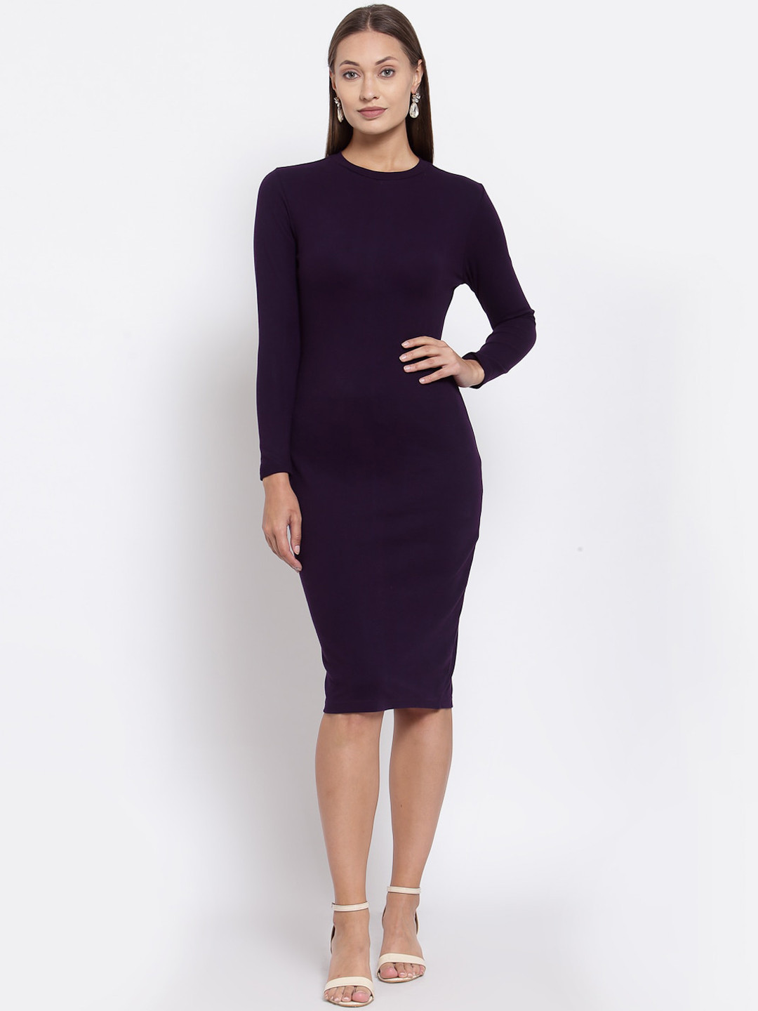 

YOONOY Violet Solid Solid Round Neck Organic Cotton Sheath Dress