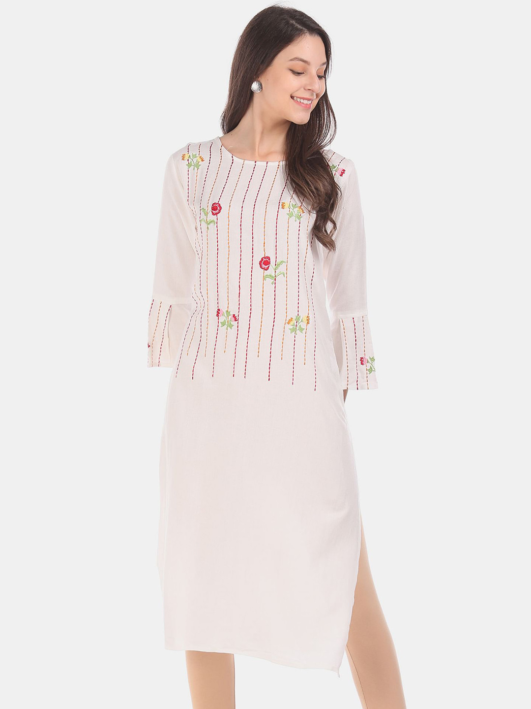 

Anahi Women White & Yellow Floral Embroidered Thread Work Kurta