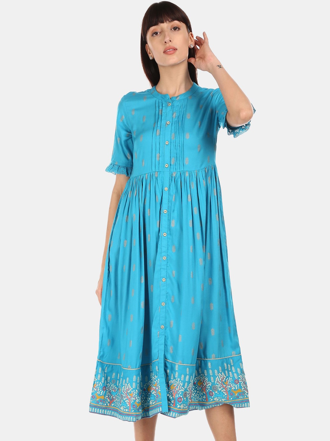 

Karigari Turquoise Blue Ethnic Motifs A-Line Midi Dress
