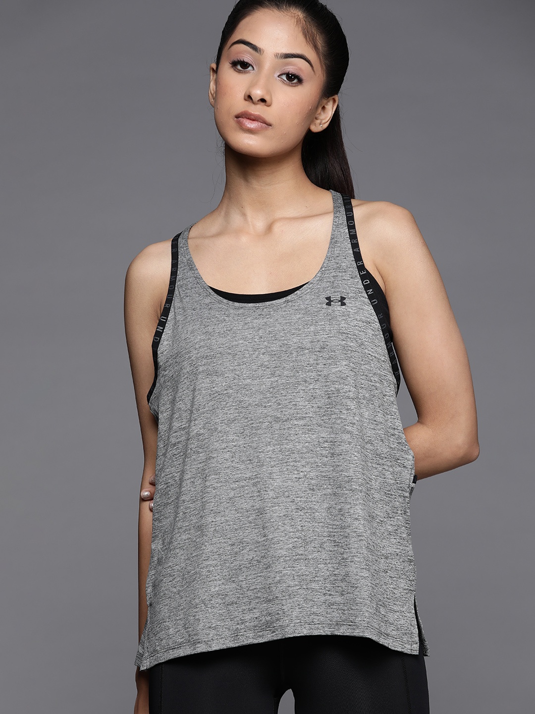 

UNDER ARMOUR Women Grey Melange Solid Knockout Mesh Back Tank Top