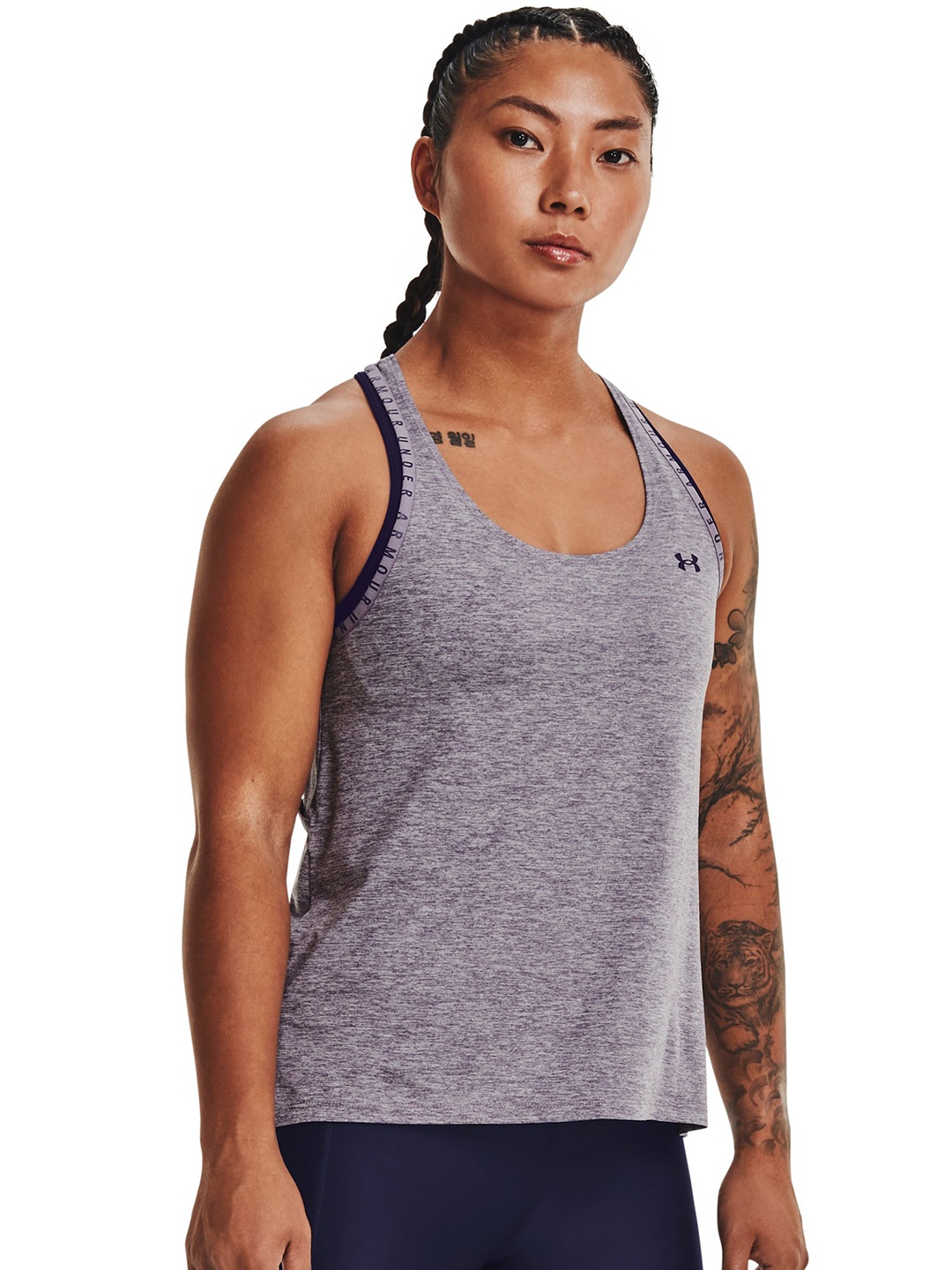 

UNDER ARMOUR Grey Self Designed Sleeveless Sports Knockout Mesh Back Tank Top