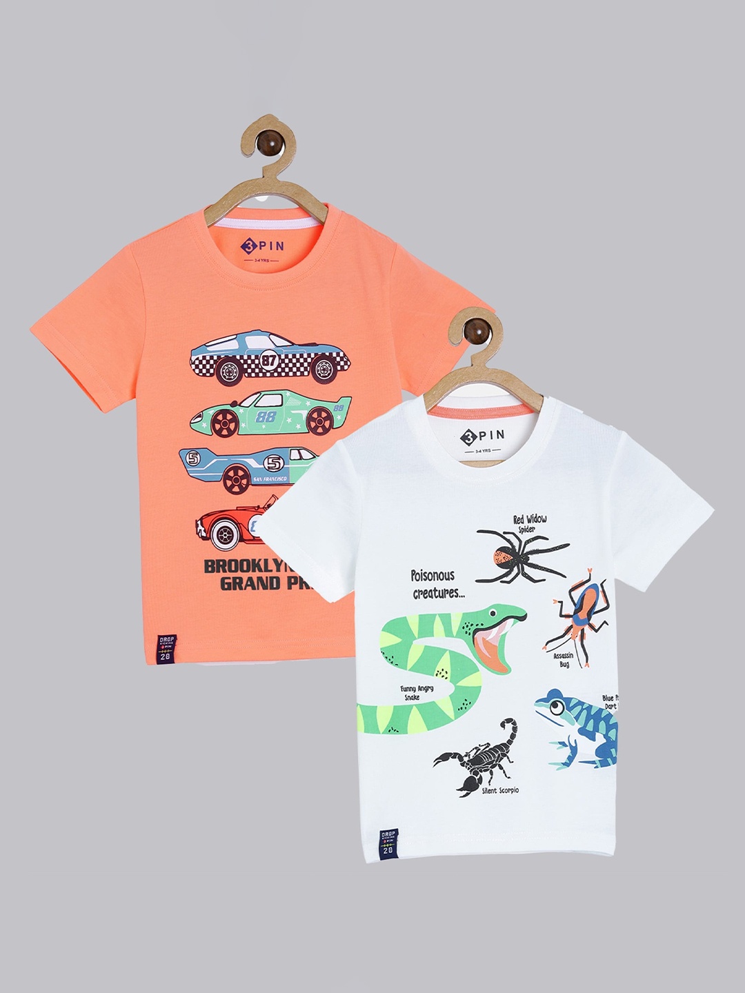

3PIN Boys Pack of 2 White & Orange Typography Printed T-shirt