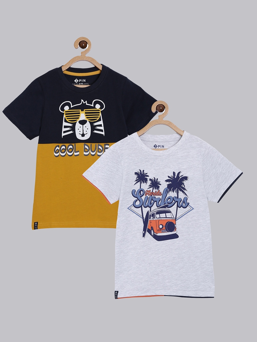 

3PIN Boys Pack Of 2 Yellow & Grey Printed T-shirt