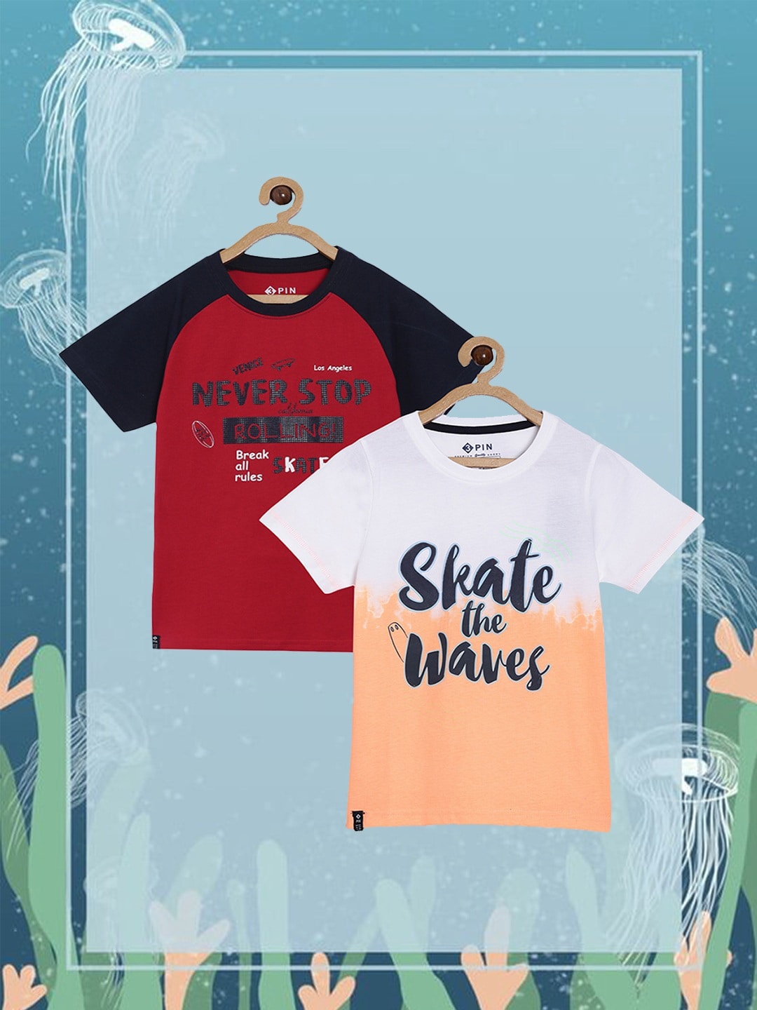 

3PIN Pack of 2 Boys Red & Peach Typography Printed T-shirt