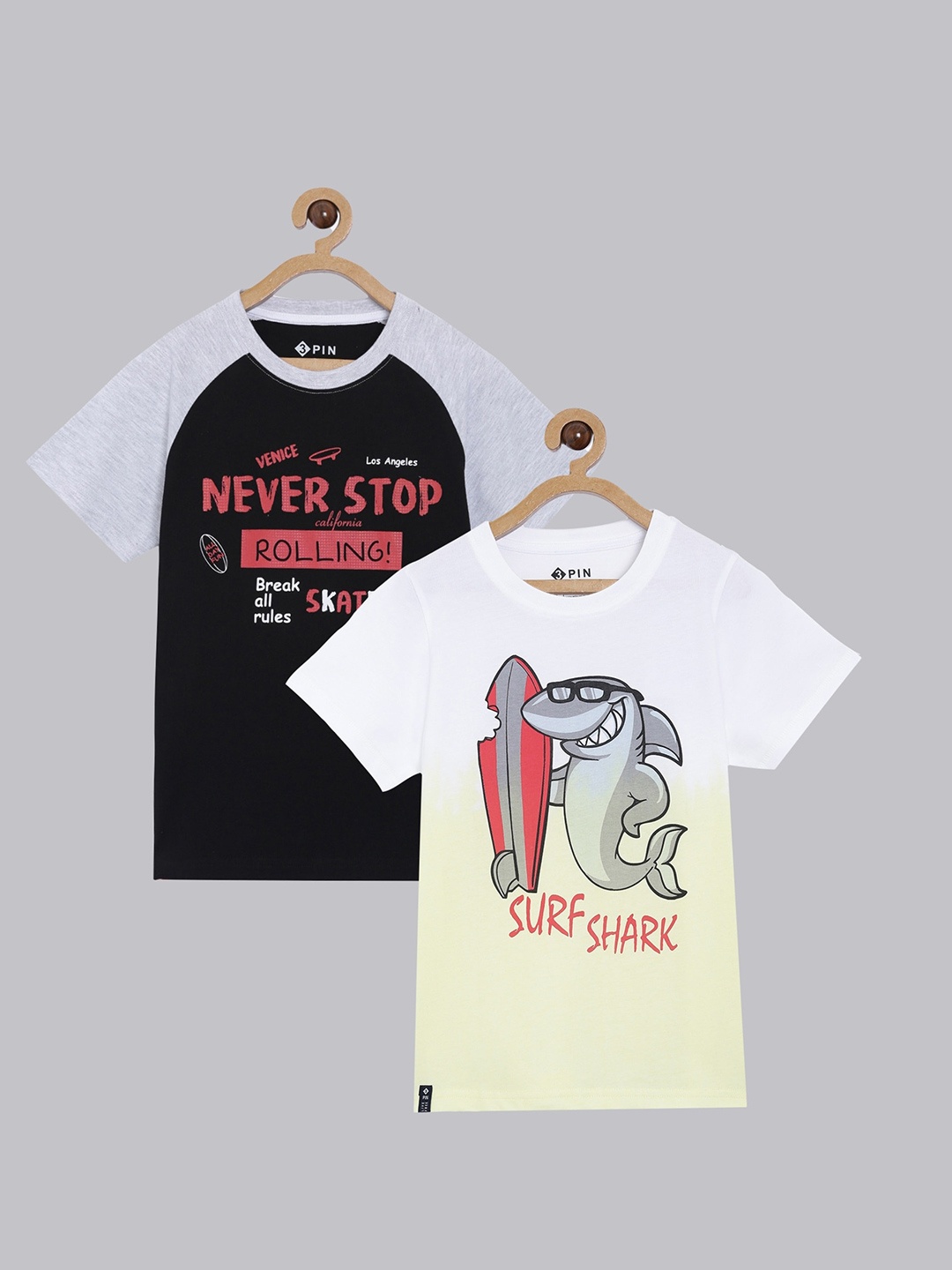 3PIN Boys Pack of 2 Printed Cotton T-shirts, Black