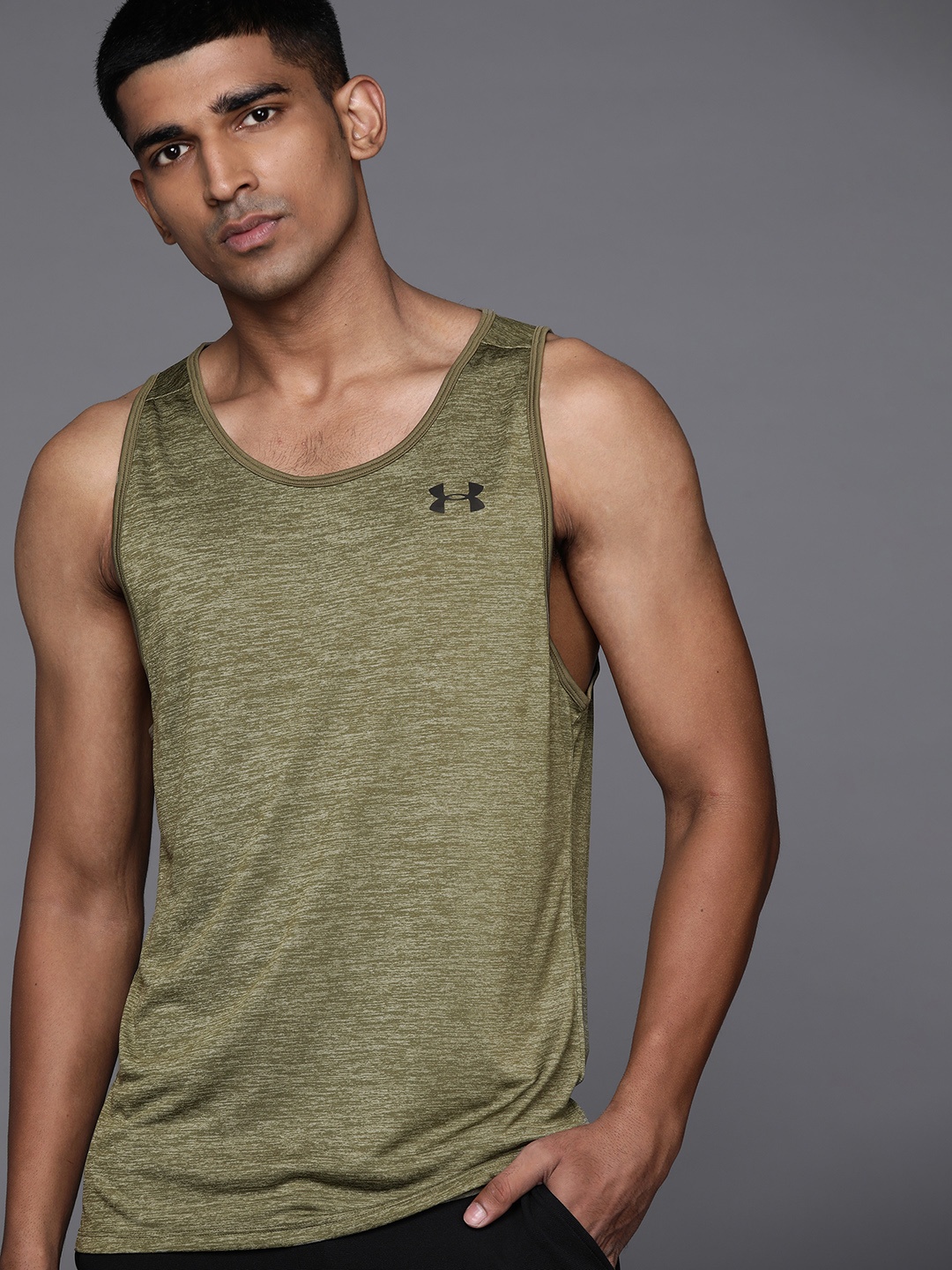 

UNDER ARMOUR Men Olive Green Tech 2.0 Melange Effect Tank