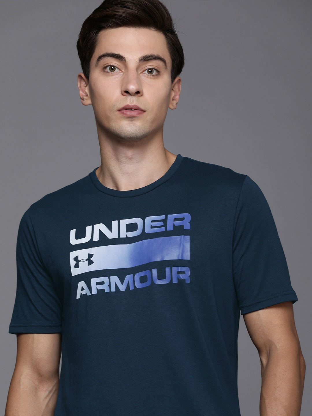 

UNDER ARMOUR Men Navy Blue Typography Printed Loose Training or Gym T-shirt