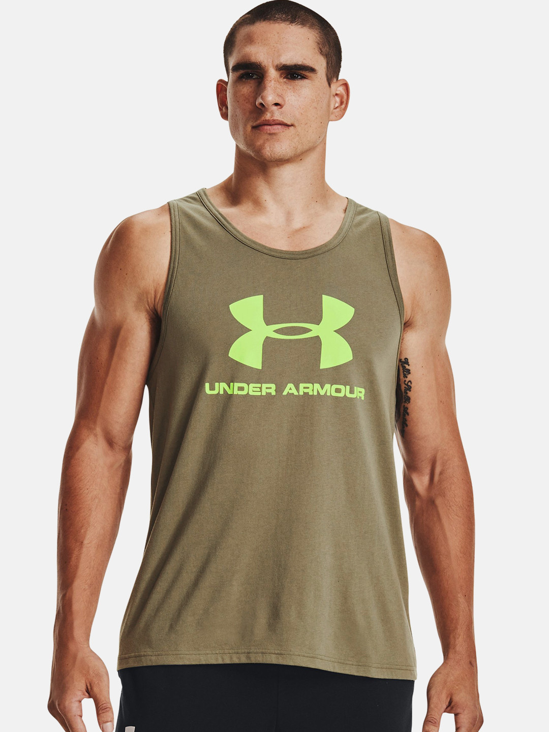 

UNDER ARMOUR Men Olive Green Sportsstyle Logo Tank Printed Training or Gym T-shirt