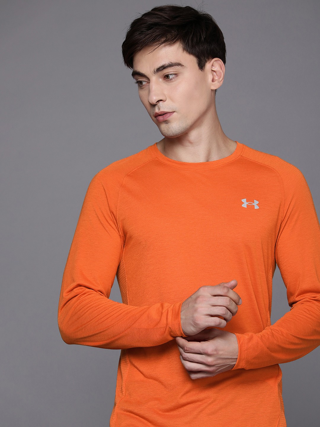 

UNDER ARMOUR Men Orange UA Streaker Long Sleeve Brand Logo Printed Running T-shirt