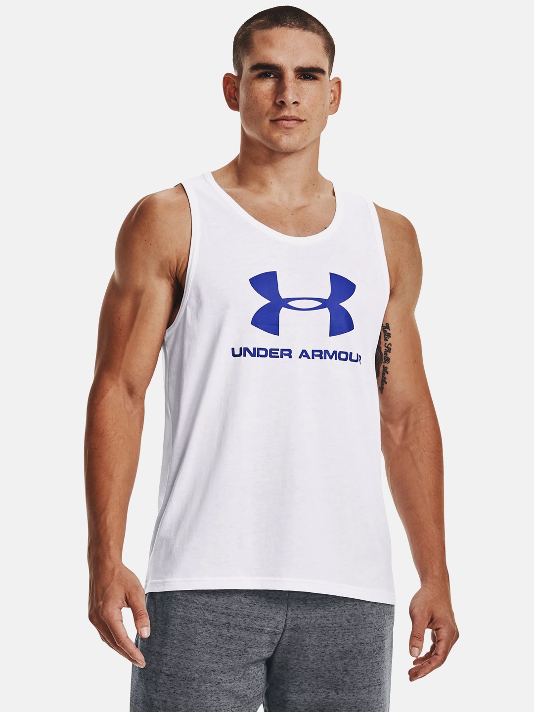 

UNDER ARMOUR Men White & Blue Brand Logo Training or Gym T-shirt