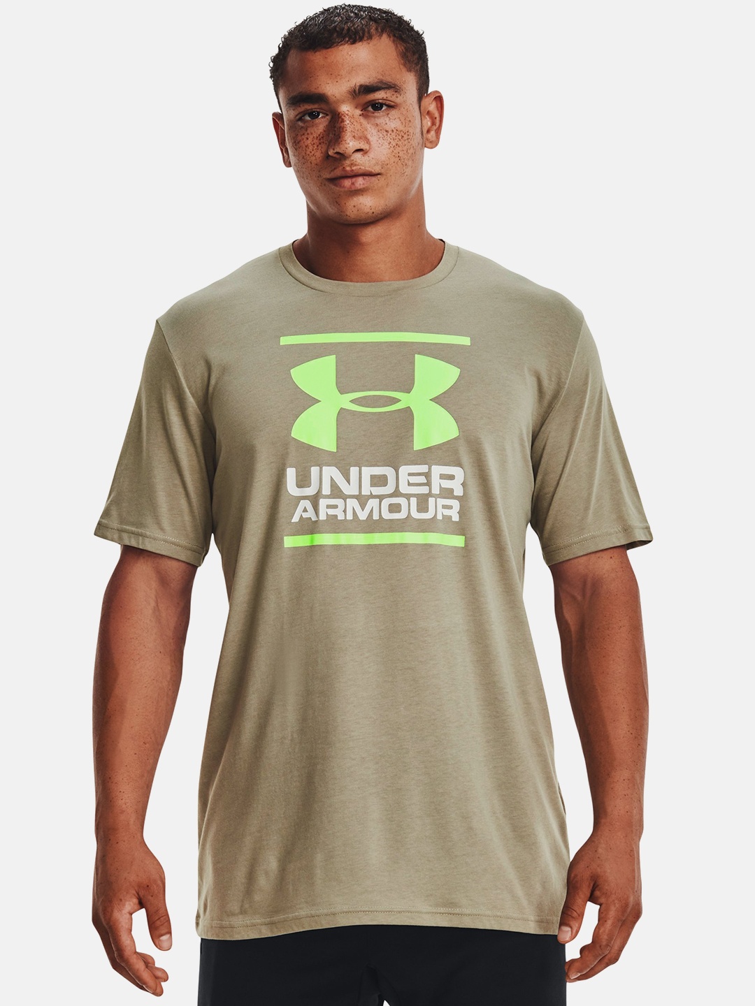 UNDER ARMOUR Men Grey & Green Brand Logo Training or Gym GL Foundation Loose Fit T-Shirt
