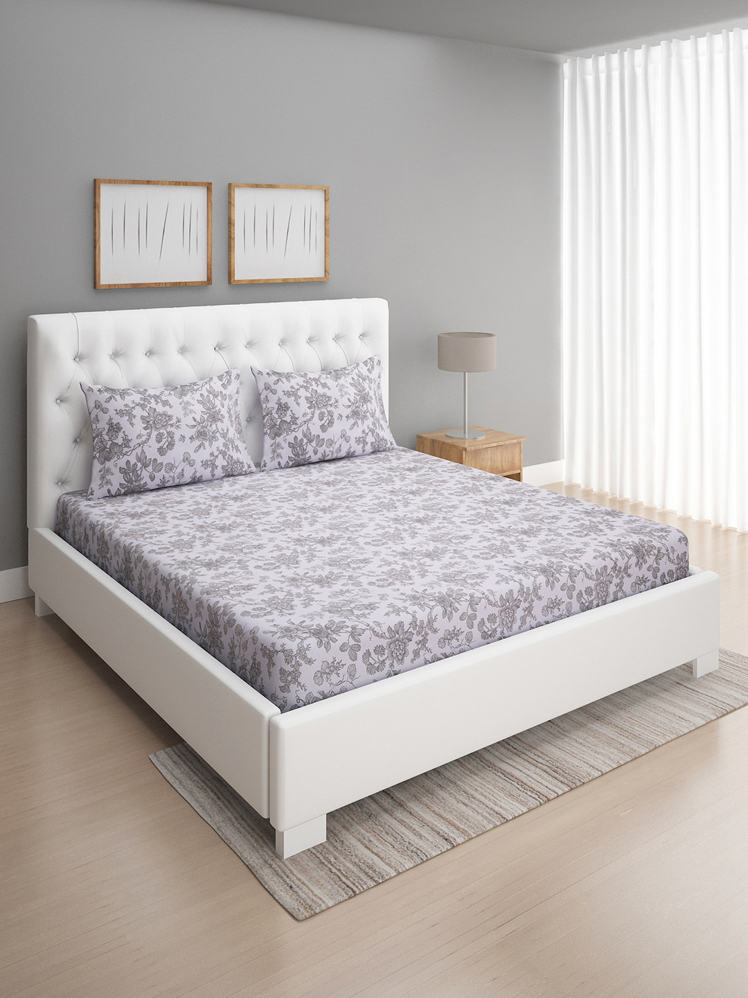 

ROMEE Grey & White Floral 144 TC Cotton Queen Bedsheet with 2 Pillow Covers