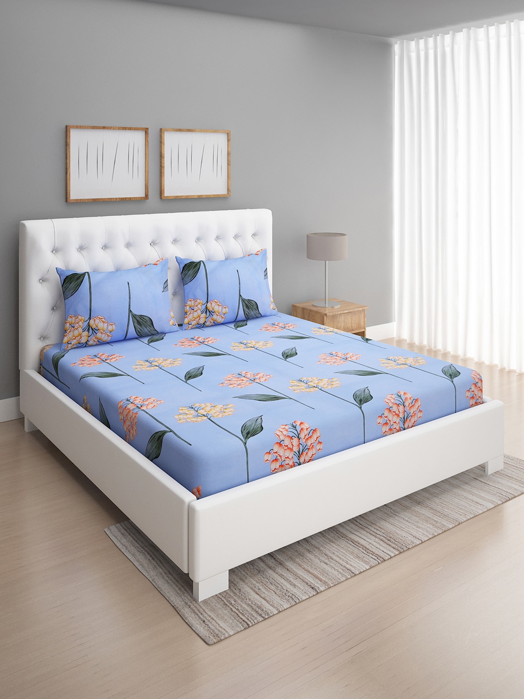 

ROMEE Blue & Orange Floral 186 TC Microfiber Queen Bedsheet with 2 Pillow Covers