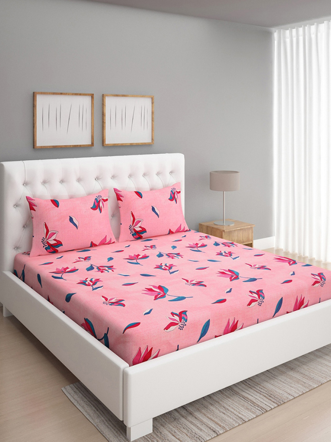 

ROMEE Pink & Blue Floral 144 TC Microfiber Queen Bedsheet with 2 Pillow Covers