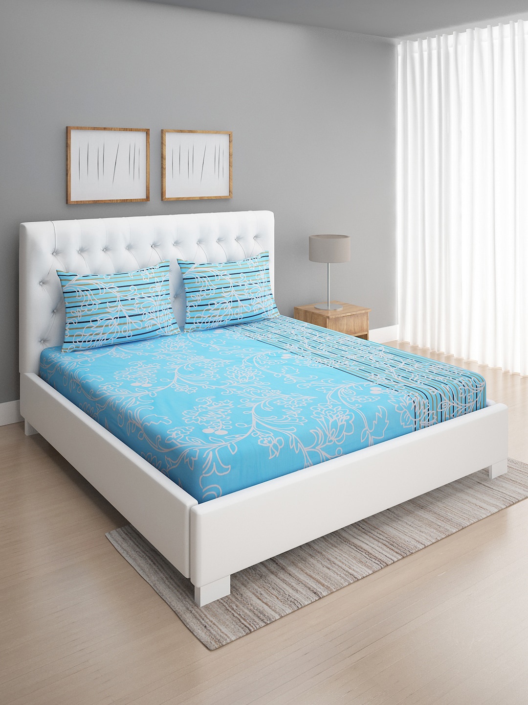 

ROMEE Blue & White Floral 144 TC Microfiber Queen Bedsheet with 2 Pillow Covers
