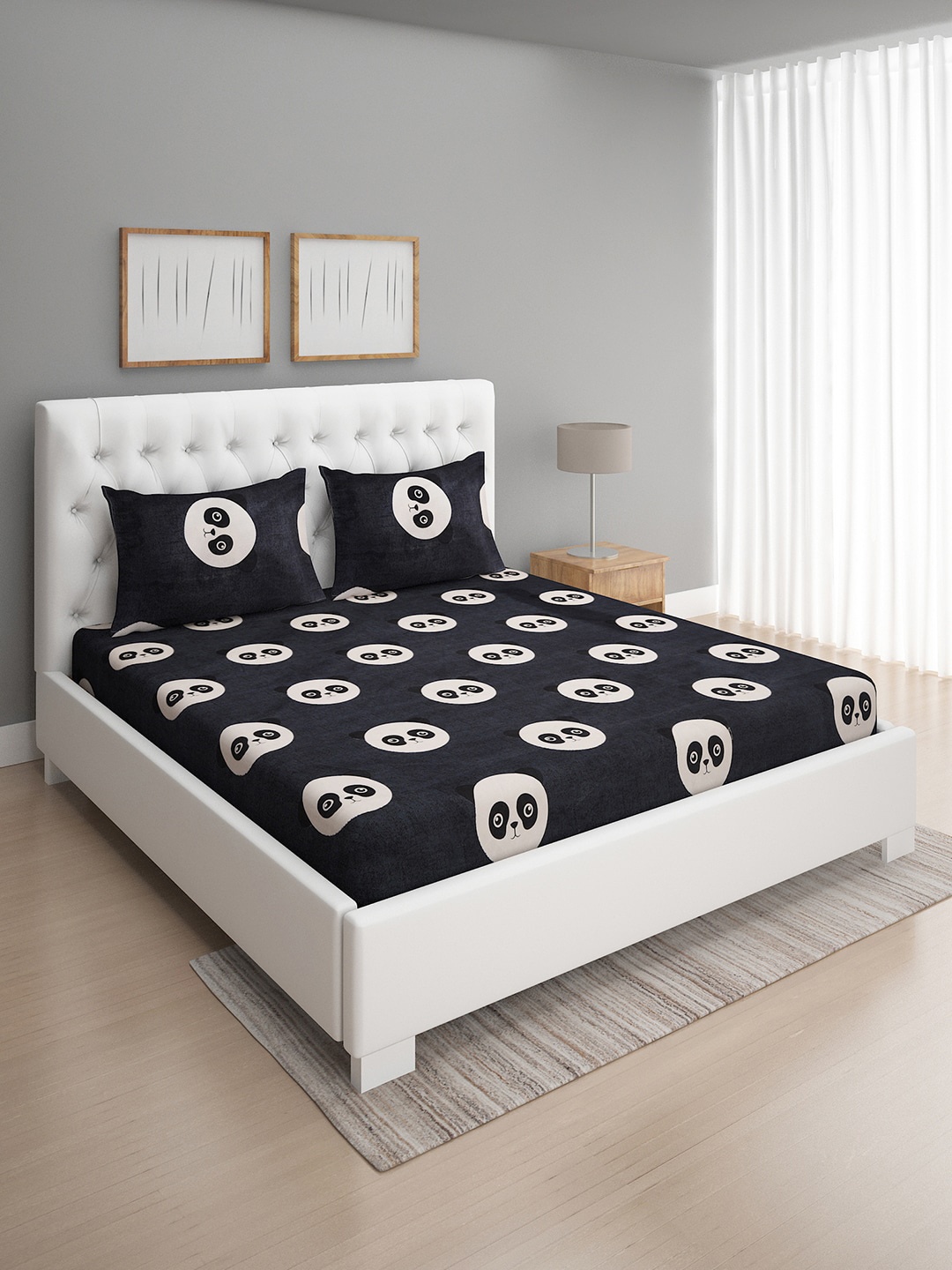 

ROMEE Black Printed 144 TC Microfiber Queen Bedsheet with 2 Pillow Covers