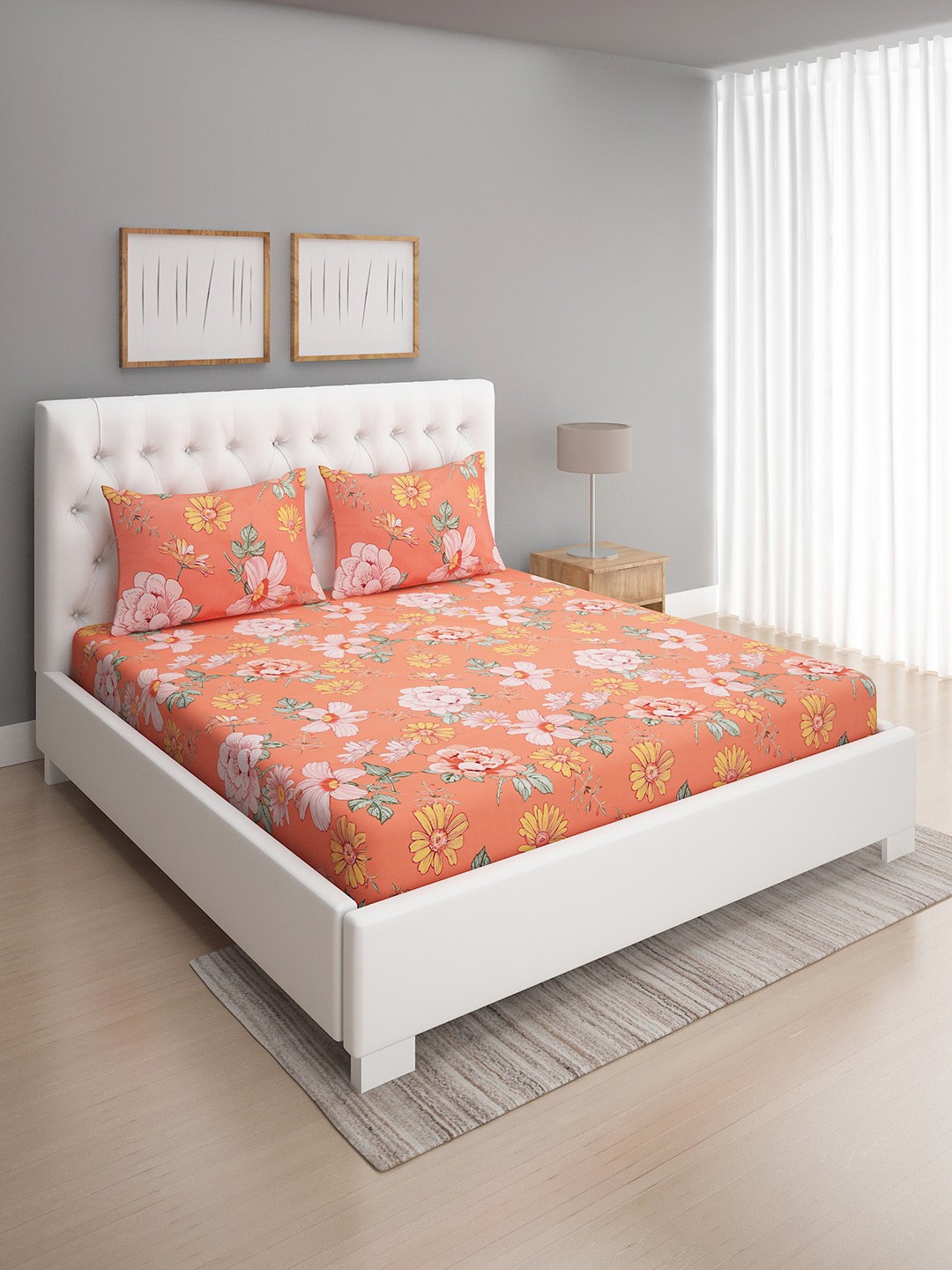 

ROMEE Orange & Pink Floral Printed 186 TC Queen Bedsheet with 2 Pillow Covers