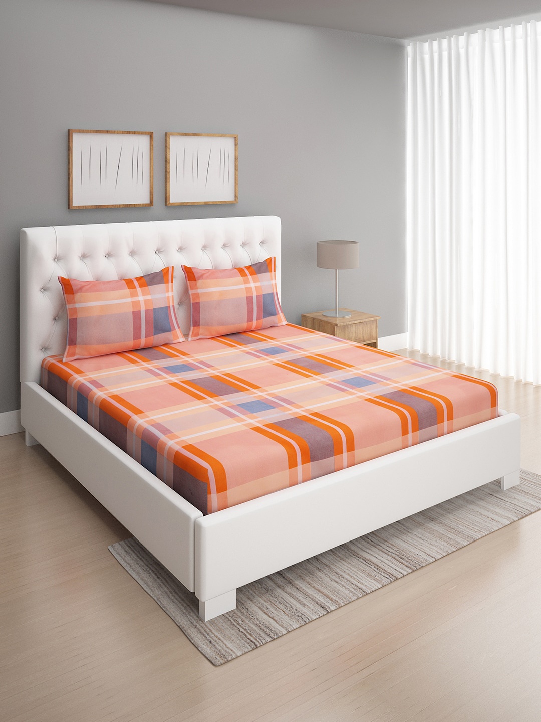 

ROMEE Peach-Coloured & Grey Geometric 186 TC Microfiber Queen Bedsheet with 2 Pillow Covers