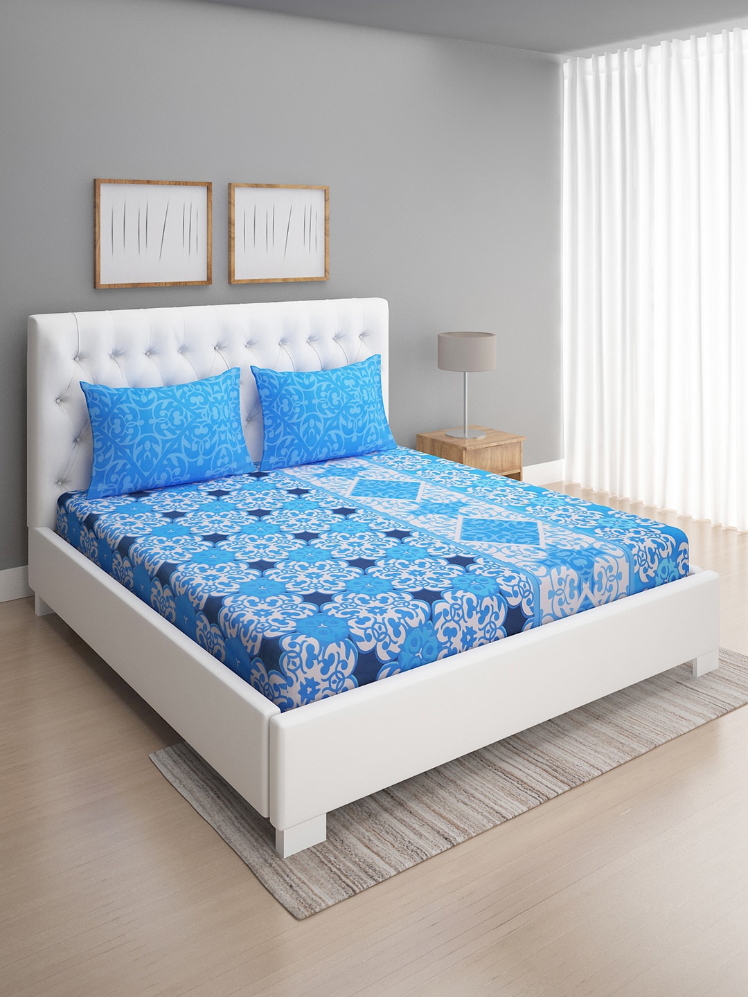 

ROMEE Blue & White Ethnic Motifs 144 TC Microfiber Queen Bedsheet with 2 Pillow Covers