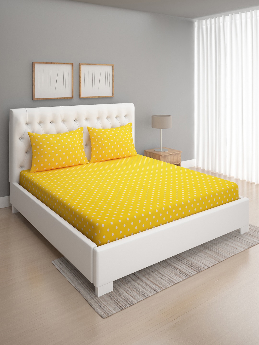 

ROMEE Yellow & White Geometric 144 TC Cotton Queen Bedsheet with 2 Pillow Covers