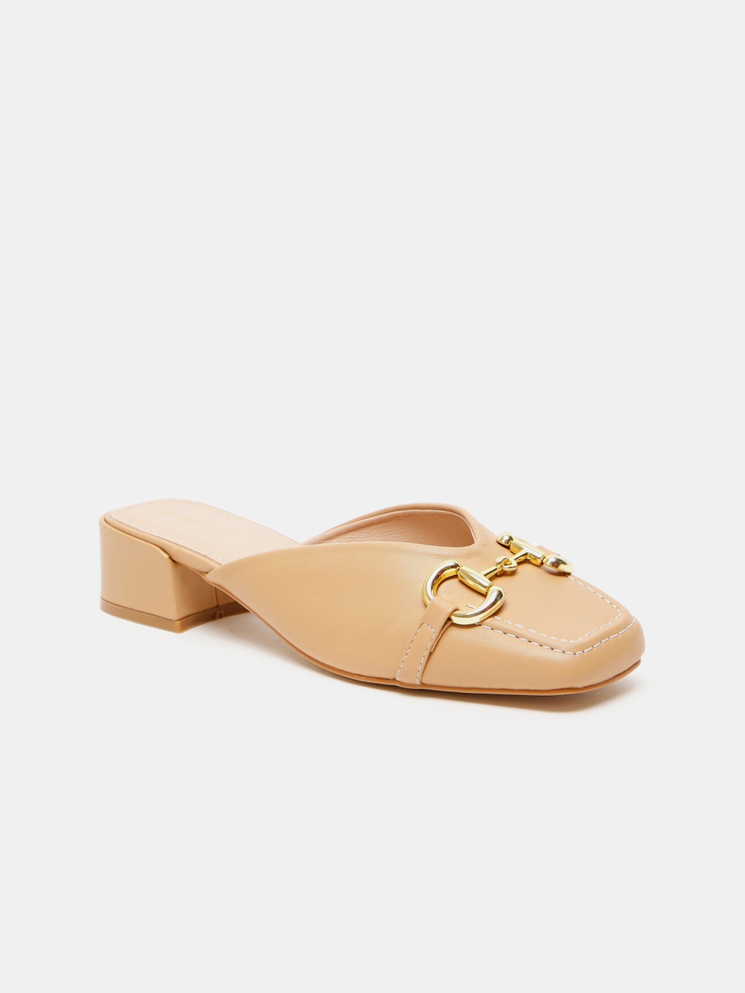 

shoexpress Beige PU Block Mules with Buckles