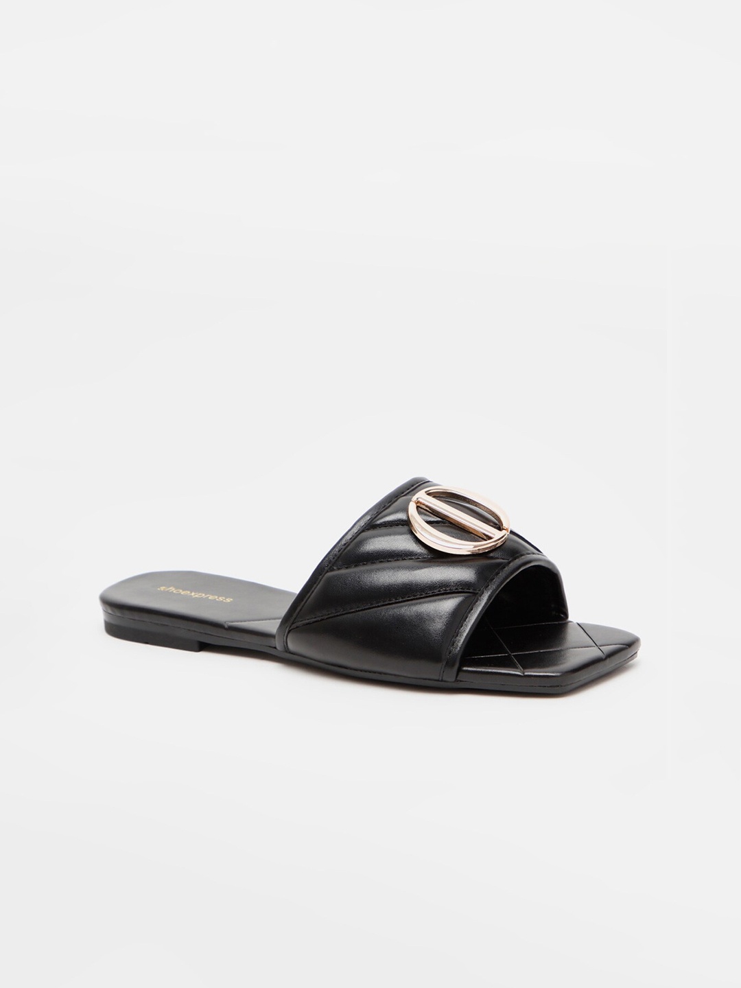

shoexpress Women Black Open Toe Flats With Western Embellishments