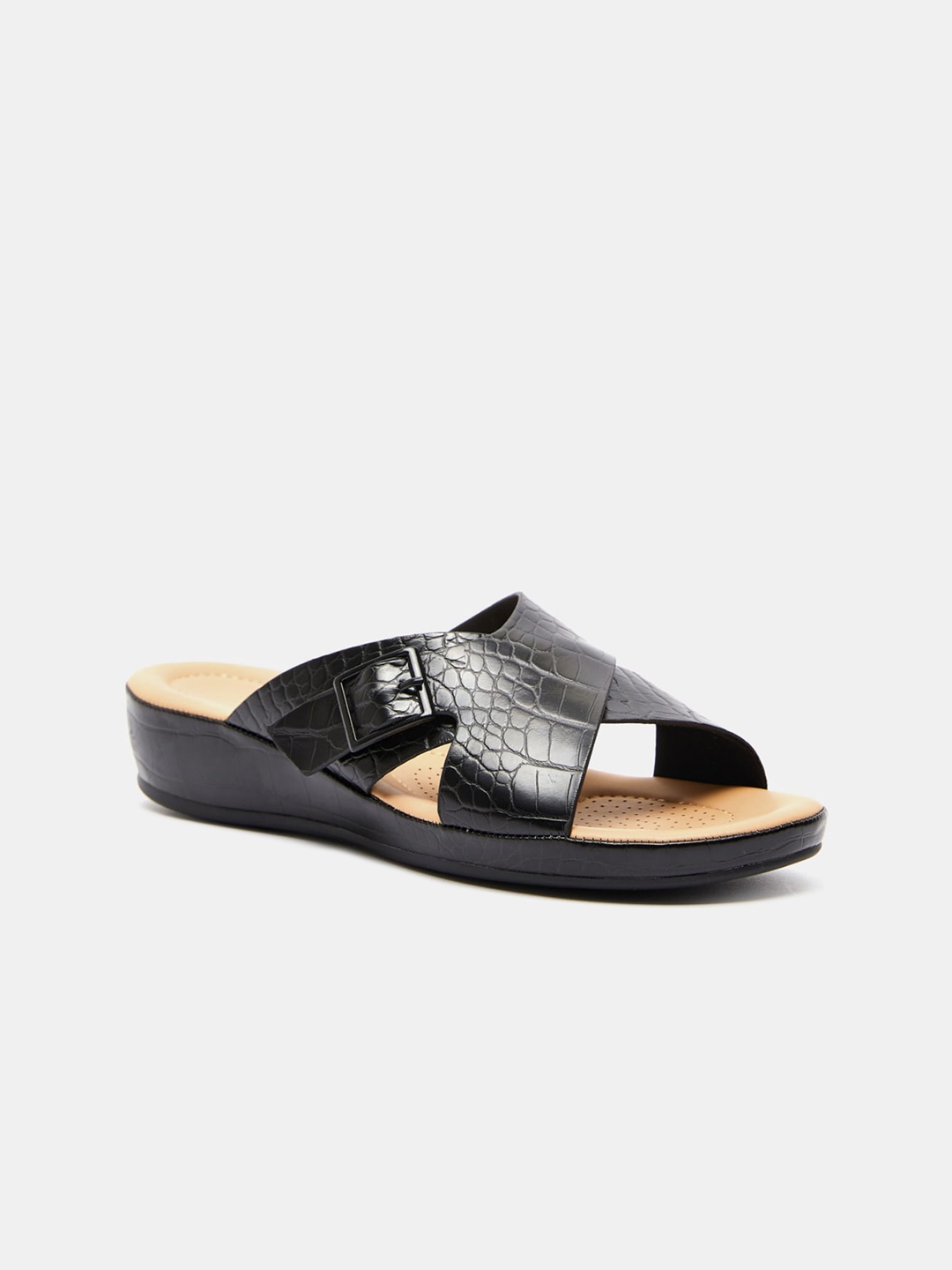 

shoexpress Women Black Textured PU Wedge Sandals with Buckles