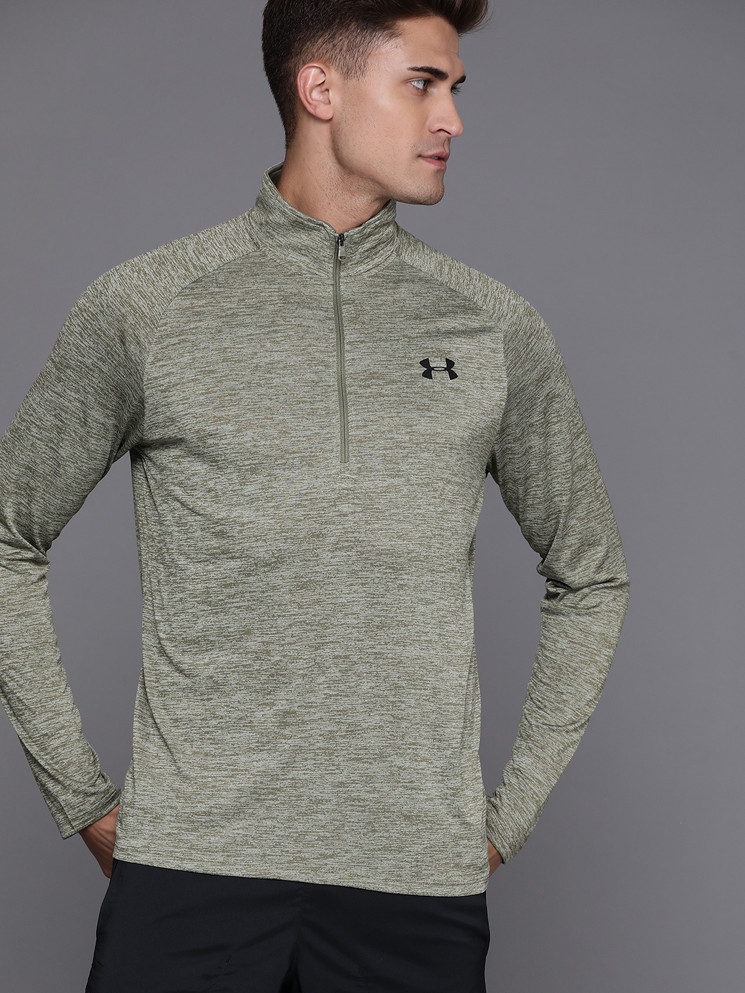 

UNDER ARMOUR Men Olive Green UA Tech 1/2 Zip T-shirt