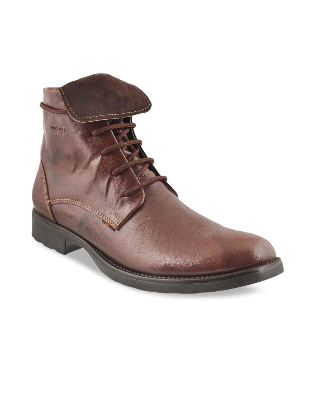 

BCK Men Brown Solid Genuine Leather High-Top Flat Boots