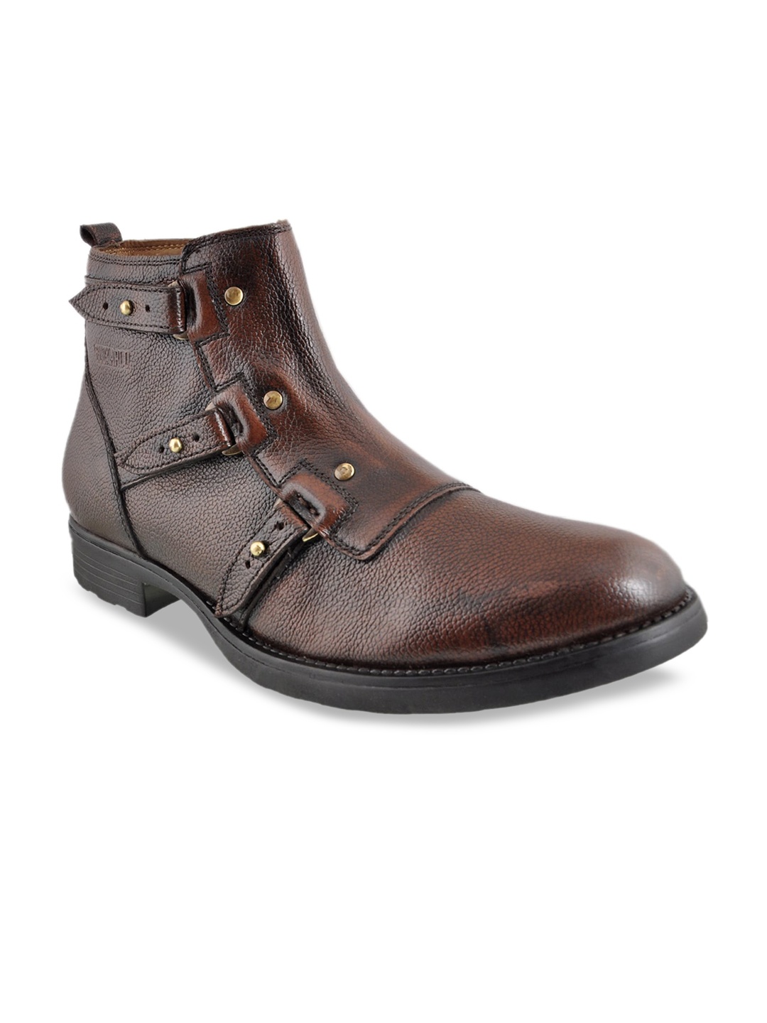 

BCK Men Textured Full Grain Leather Mid-Top Cowboy Style Boots, Brown