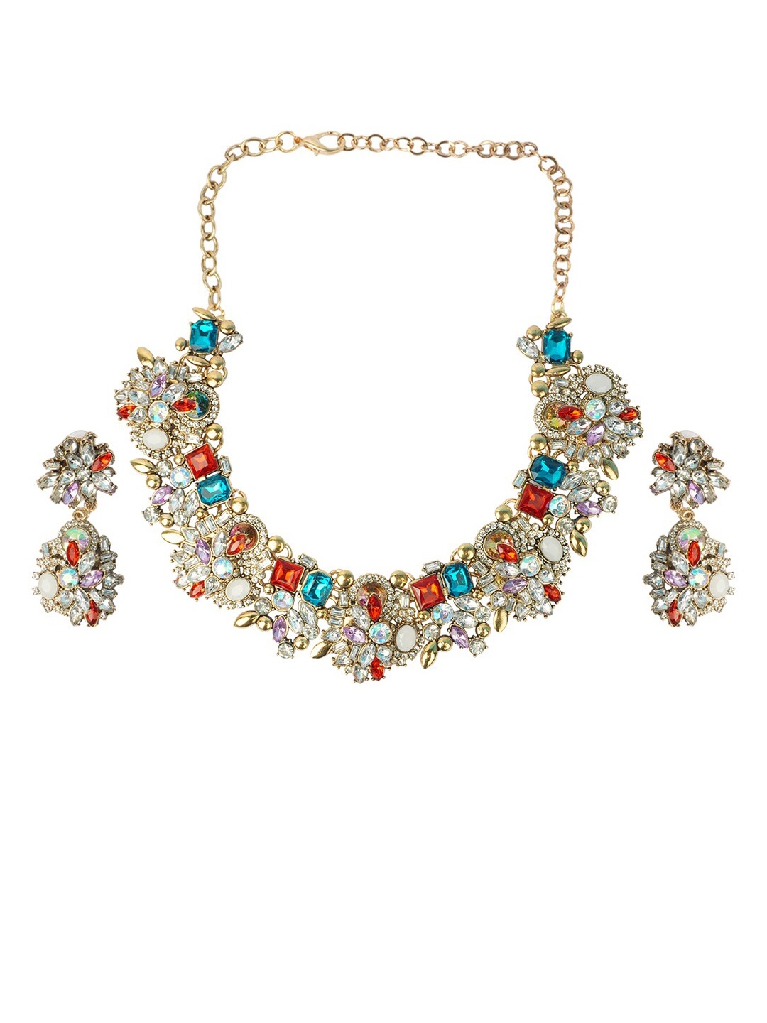 

Ferosh Gold-Toned Red & Blue Stone Studded Jewellery Set