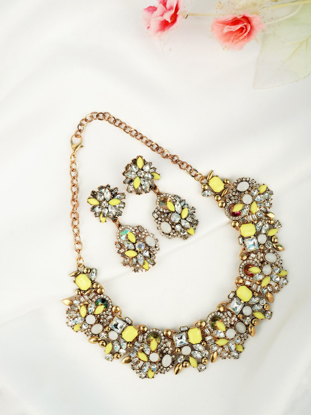 

Ferosh Gold-Toned & Yellow Crystals Studded Antique Jewellery Set