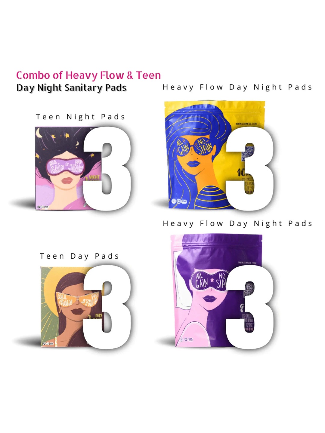 

LEMME BE Regular & Teen Combo of Day & Night Pads, White